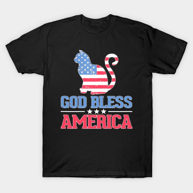 4th Of July God Bless America Cat American Flag T-Shirt by Jannysingle